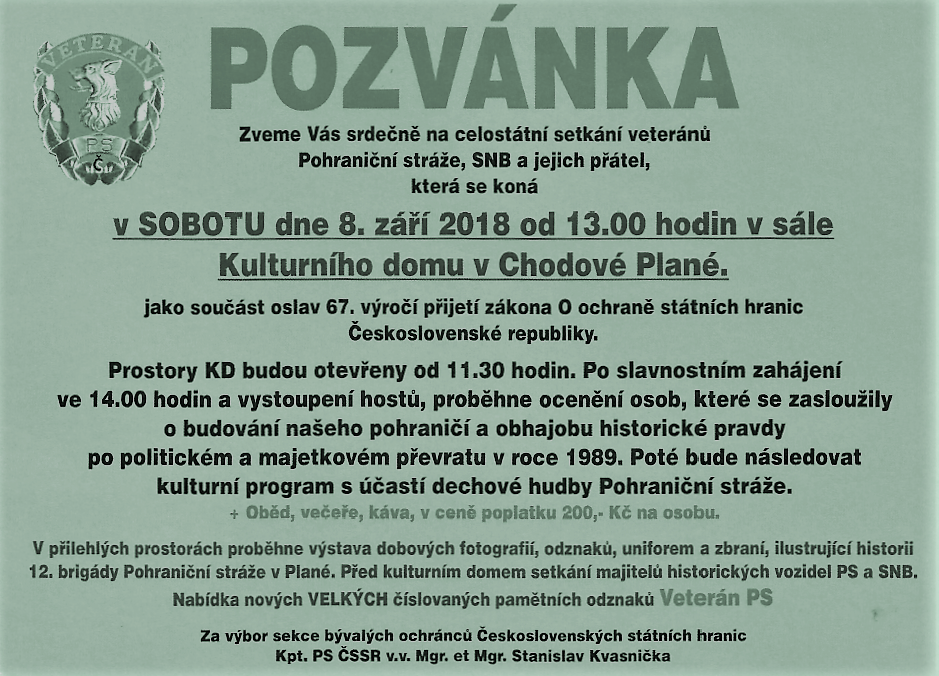 Setkani Veteranu Pohranicni Straze Snb A Pratel Chodova Plana 13 00 Plzensky Krajsky Vybor Kscm